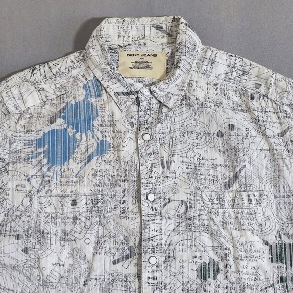 DKNY JEANS casual button down shirt men's size L white with "blueprint" pattern - Picture 2 of 11